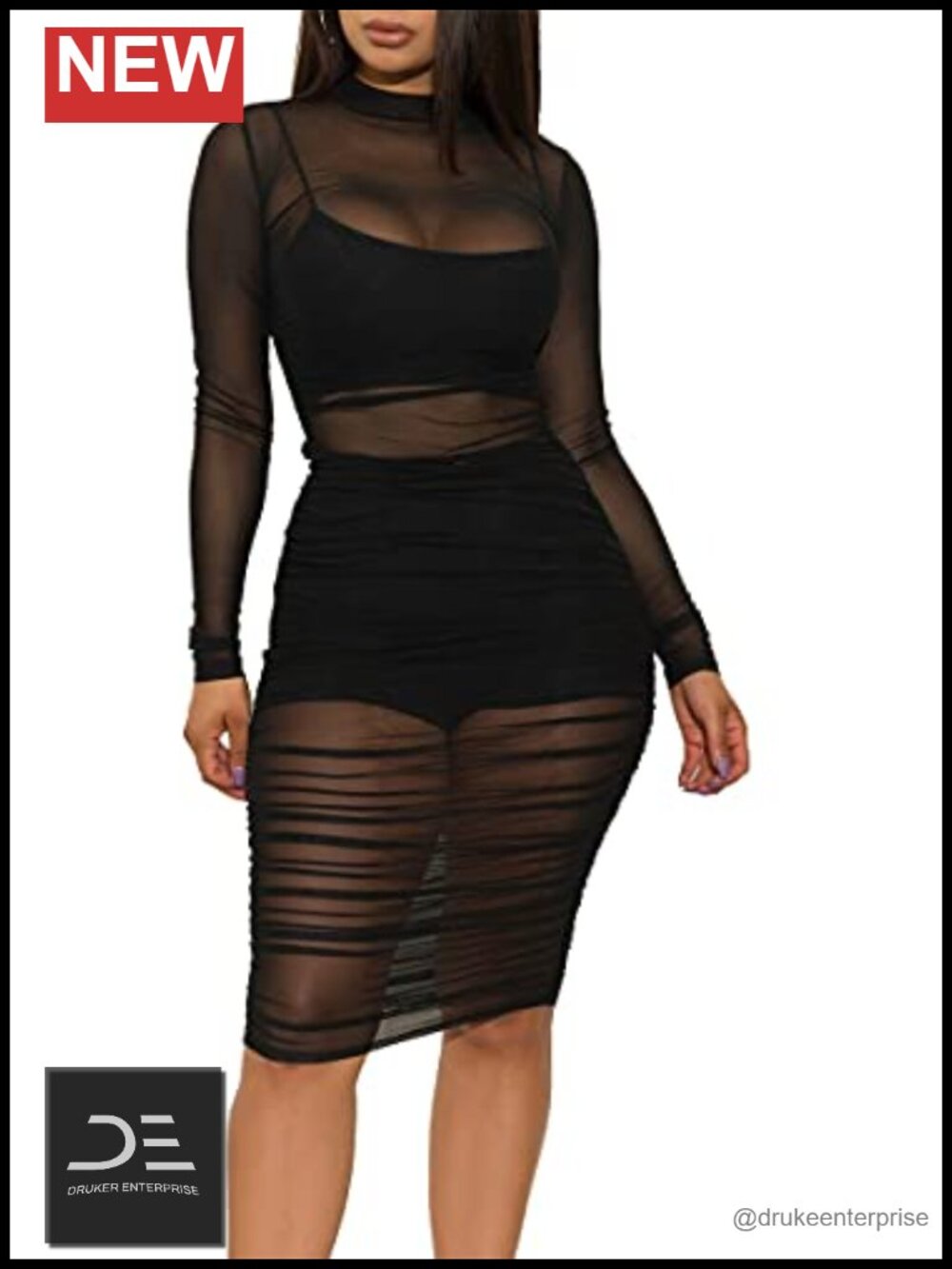 Sheer Mesh Bodycon Midi Dress Set Ruched 3 Piece